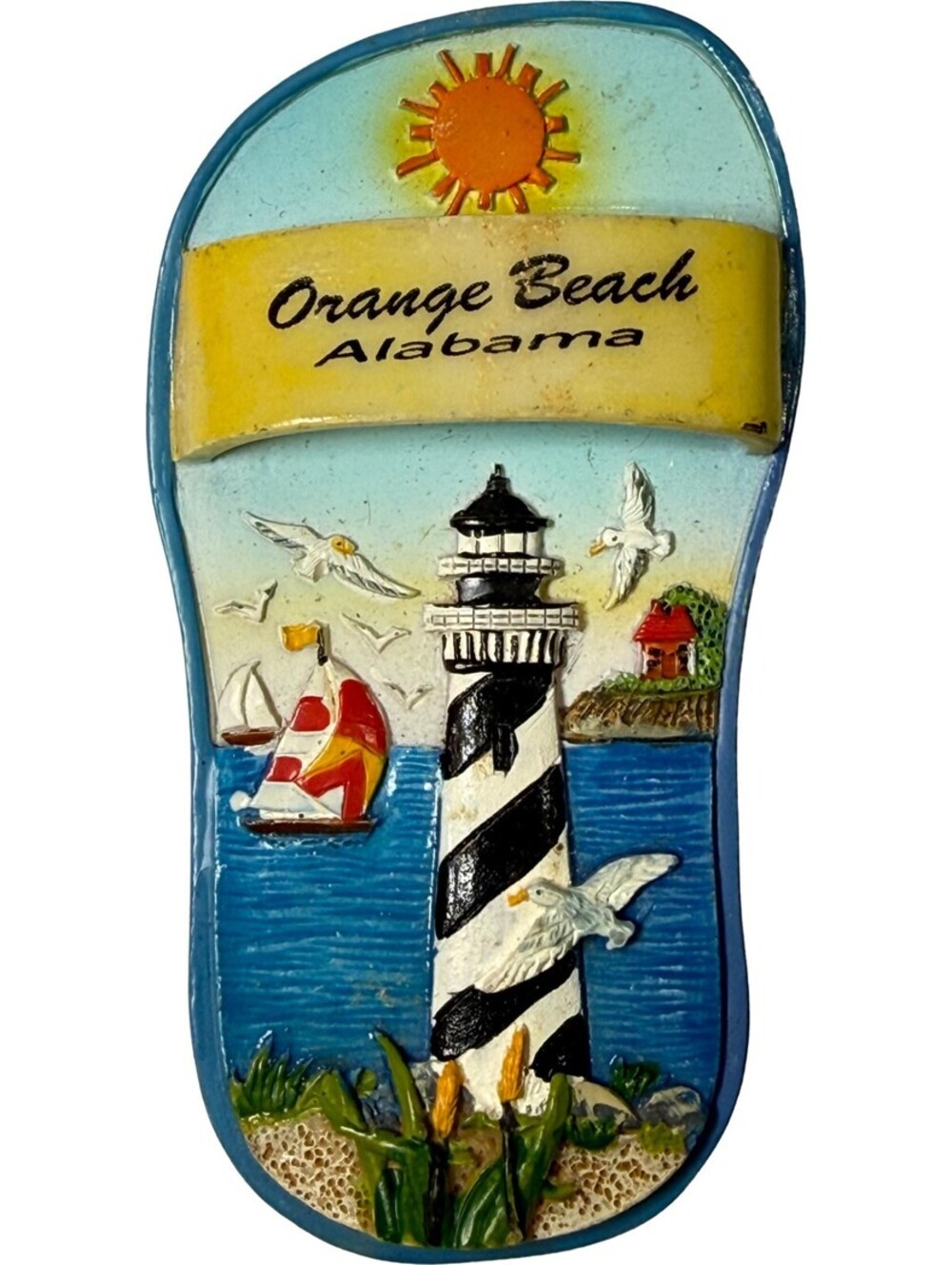 VTG 80s Orange Beach Alabama Souvenir Ceramic Magnet Flip Flop Shaped Lighthouse